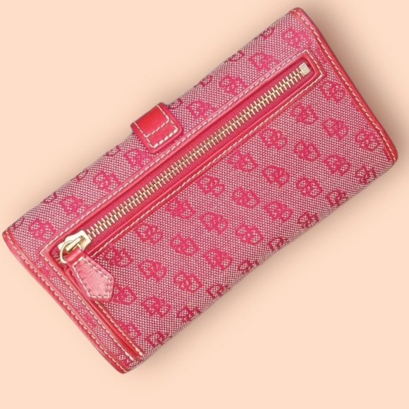 Dooney & Bourke Red Leather Zip Long Wallet -Red and Pink canvas signature - Picture 5 of 8